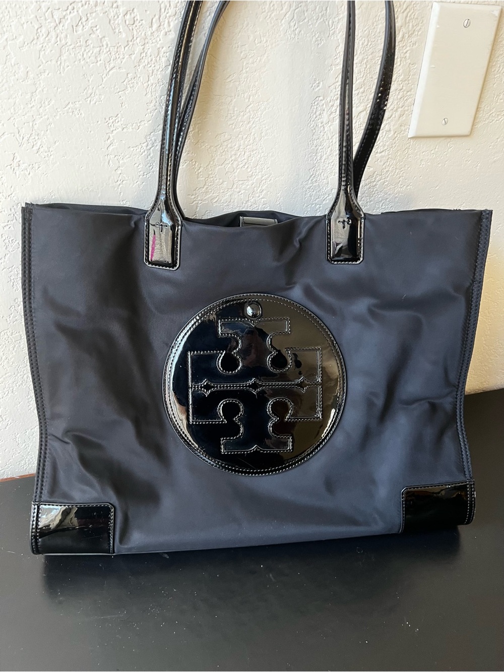 Tory Burch Black Nylon Tote with Patent Logo